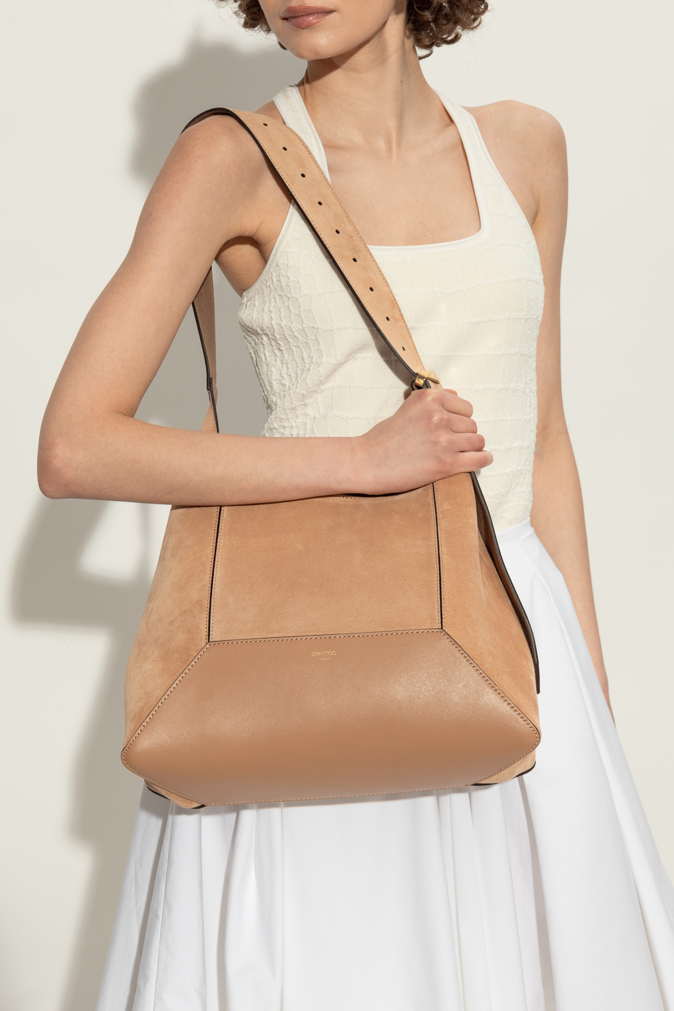 ハンドバッグ Jimmy Choo HAND BAG (DIAMONDHOBOMSUE TOFFEEGOLD) Diamond Tote M | Toffee Suede Tote Bag With Fringes | JIMMY CHOO